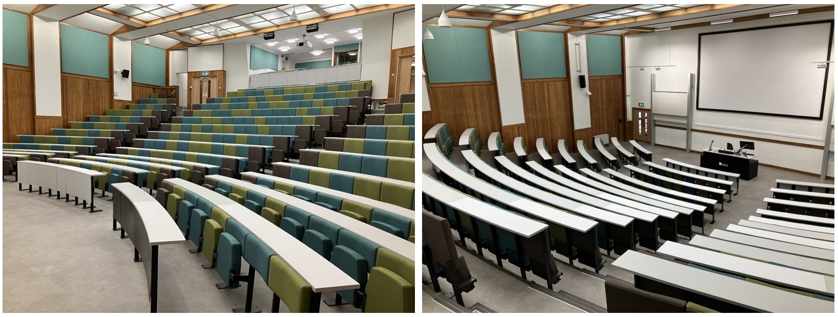 Rows of tiered seats facing the teaching wall